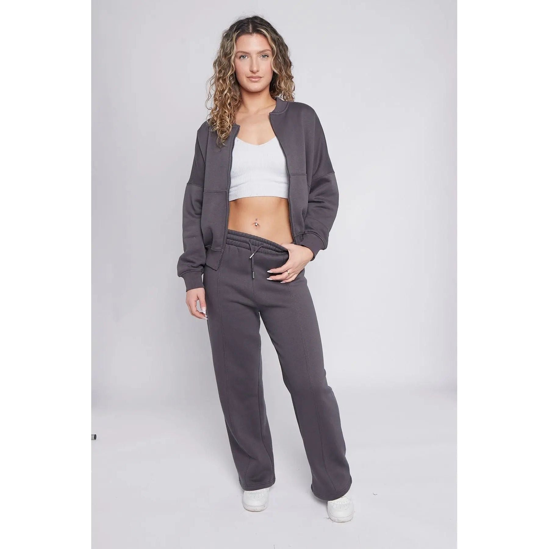 Charcoal Oversized Bomber Style Fleece Zipper Tracksuit Duchess Boutique