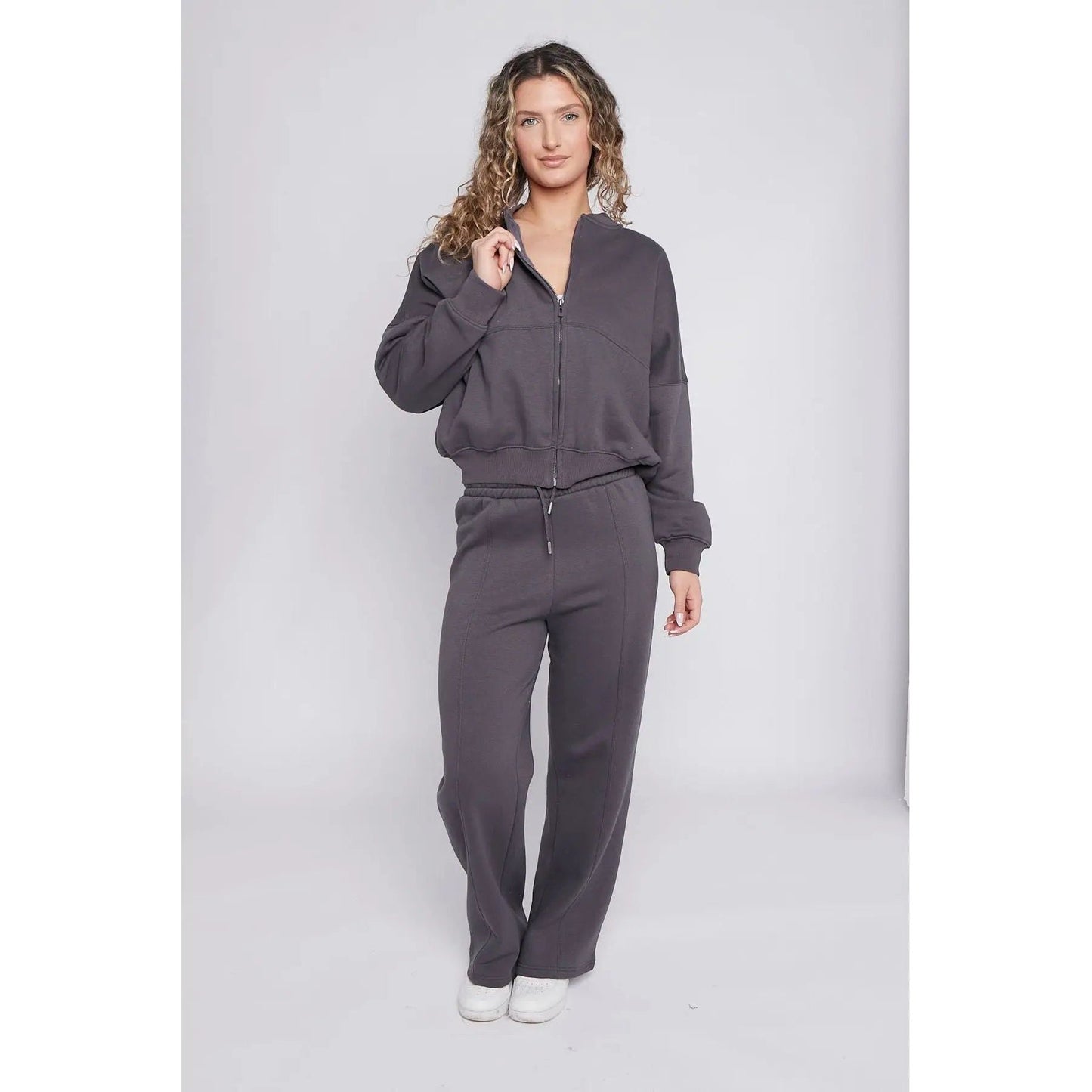 Charcoal Oversized Bomber Style Fleece Zipper Tracksuit Duchess Boutique