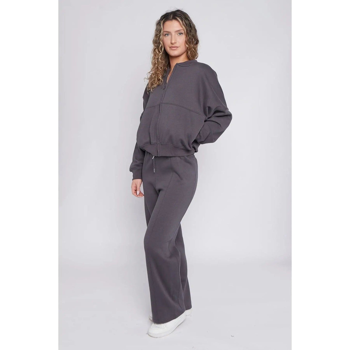 Charcoal Oversized Bomber Style Fleece Zipper Tracksuit Duchess Boutique