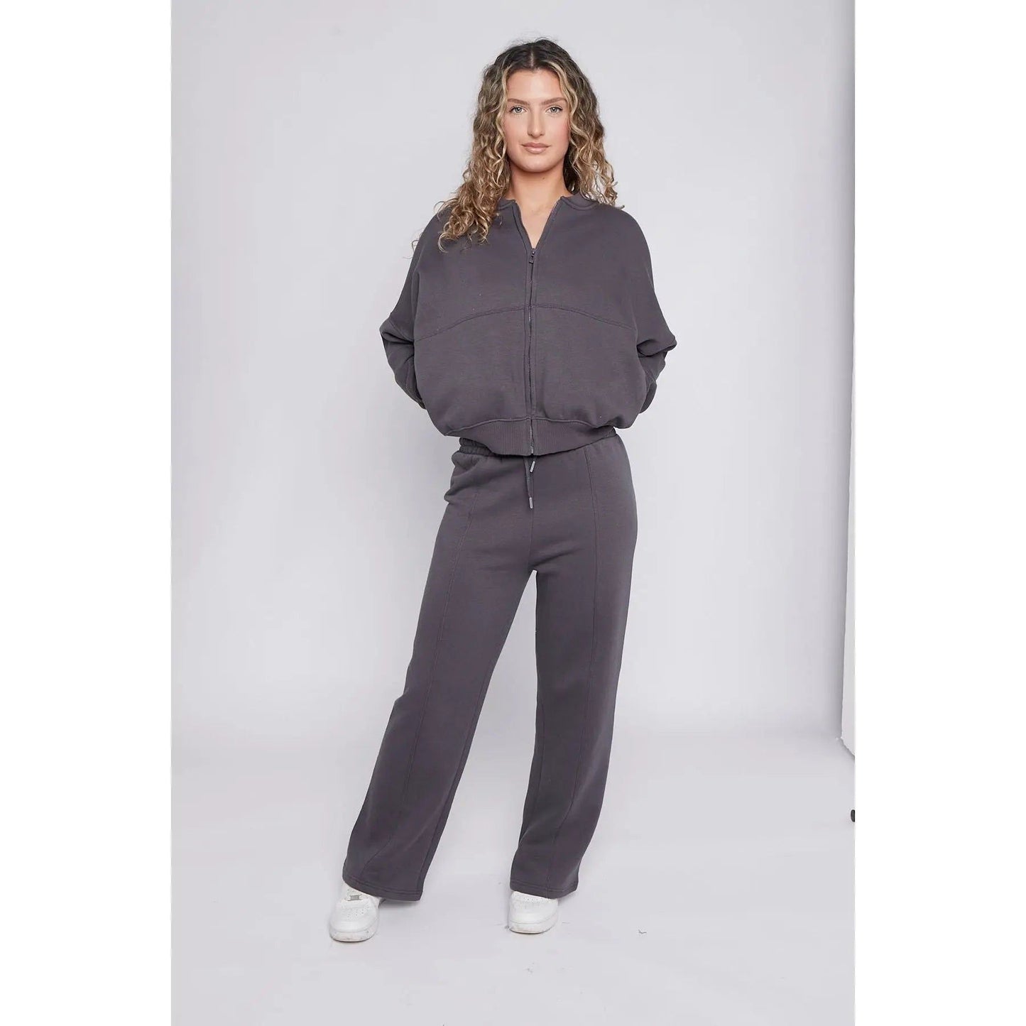 Charcoal Oversized Bomber Style Fleece Zipper Tracksuit Duchess Boutique